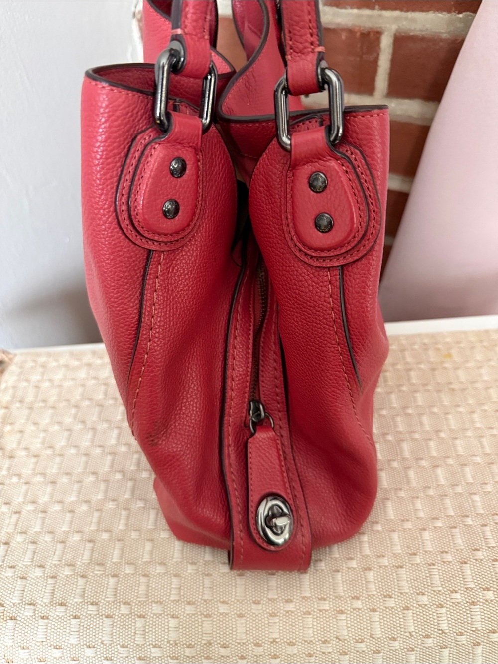 Coach Red Pebbled Leather Shoulder Tote - Picture 4 of 8